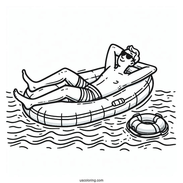 Swimming Coloring Page OF Man Relaxing On An Inflatable For Kids