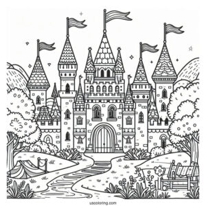 Castle Coloring Page With Flags In A Village For Kids