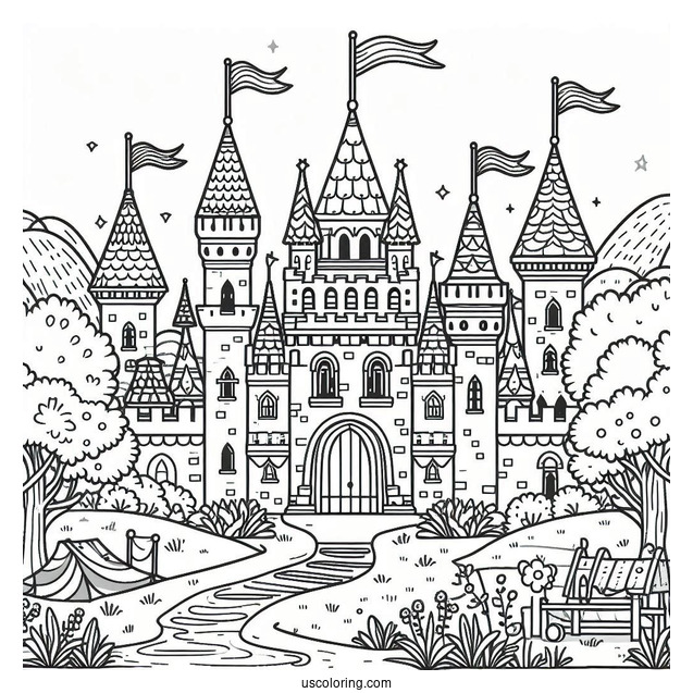 Castle Coloring Page With Flags In A Village For Kids