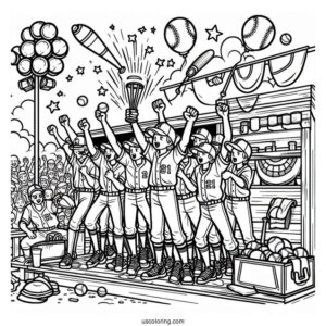 Easy Baseball Coloring Page Of Team Celebrating in Dugout For Kids