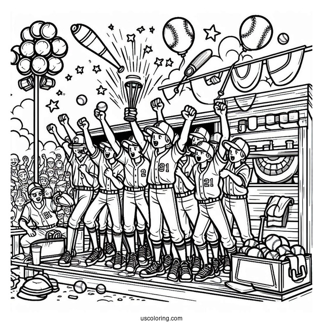 Easy Baseball Coloring Page Of Team Celebrating in Dugout For Kids