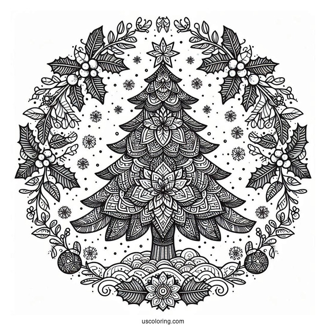 Christmas Tree Surrounded By Snow And Mistletoe Christmas Mandala Coloring Page