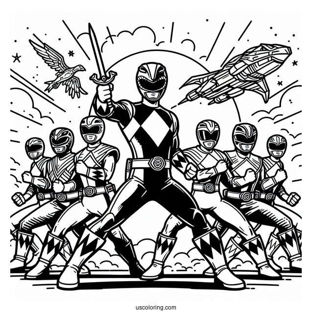 Coloring Page Of Power Rangers Fighting Together