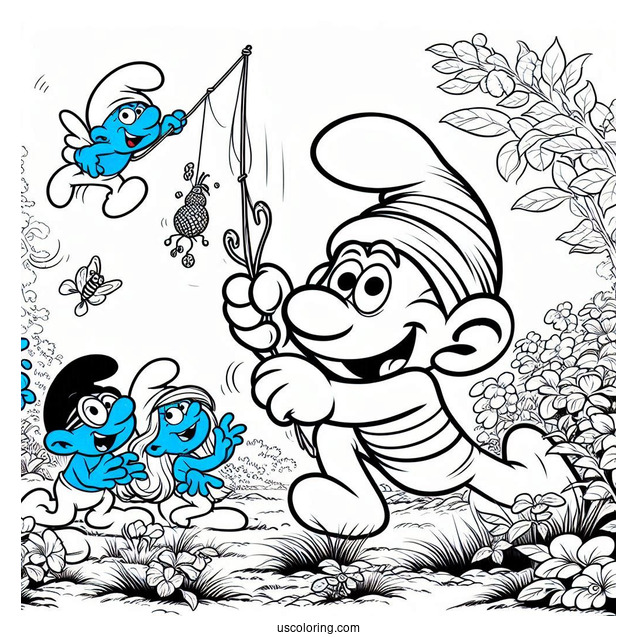 Coloring Page Of Gargamel Trying To Catch Smurfs