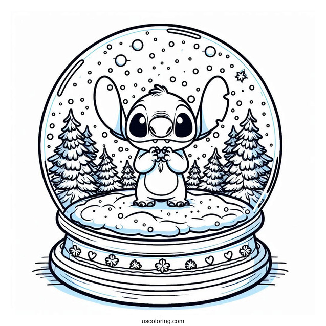 Adorable Stitch Inside A Snow Globe Coloring Page For Kids
