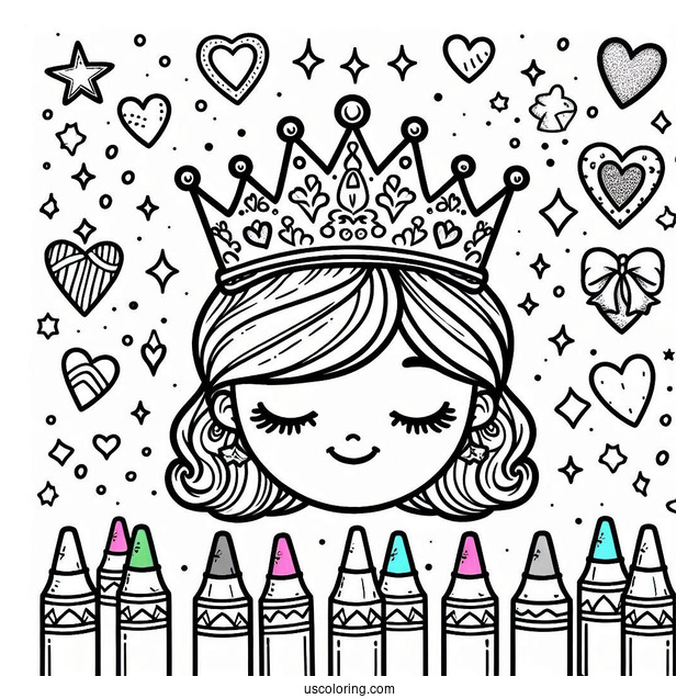 Cute DIY Crown Coloring Page with Hearts, Crayons, and Stars For Kids
