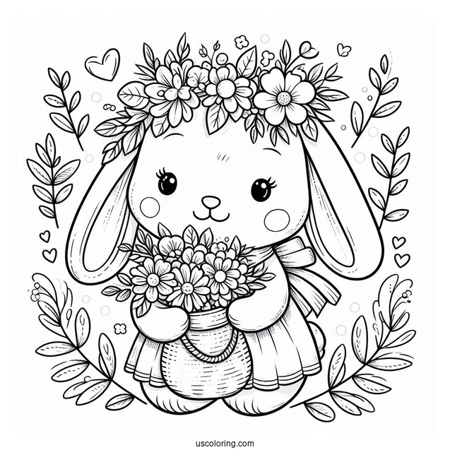 Cute Easter Bunny Coloring Page In Floral Cap Holding Flowers