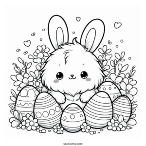 Easter Coloring Page Of Fluffy Kawaii Rabbit Surrounded By Easter Eggs