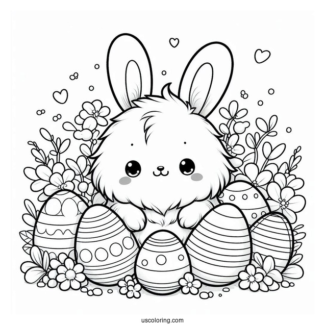Easter Coloring Page Of Fluffy Kawaii Rabbit Surrounded By Easter Eggs