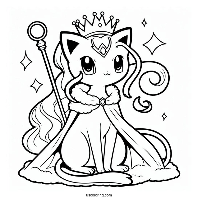 Mew Coloring Page With Crown, Robe, And Scepter For Kids
