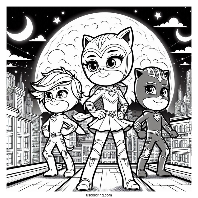 PJ Masks Coloring Page Of Luna Girl, Romeo, And Night Ninja On Rooftop At Night