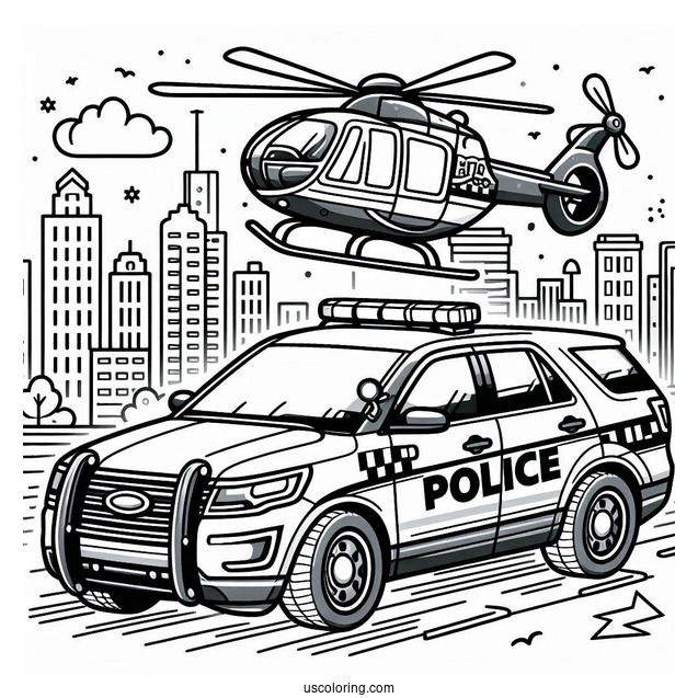 Police Car Coloring Page And Helicopter In The City