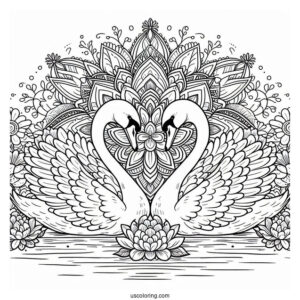 Twin Swan Coloring Page In Front Of Flower Mandala