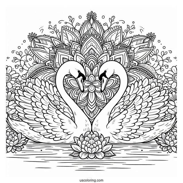 Twin Swan Coloring Page In Front Of Flower Mandala