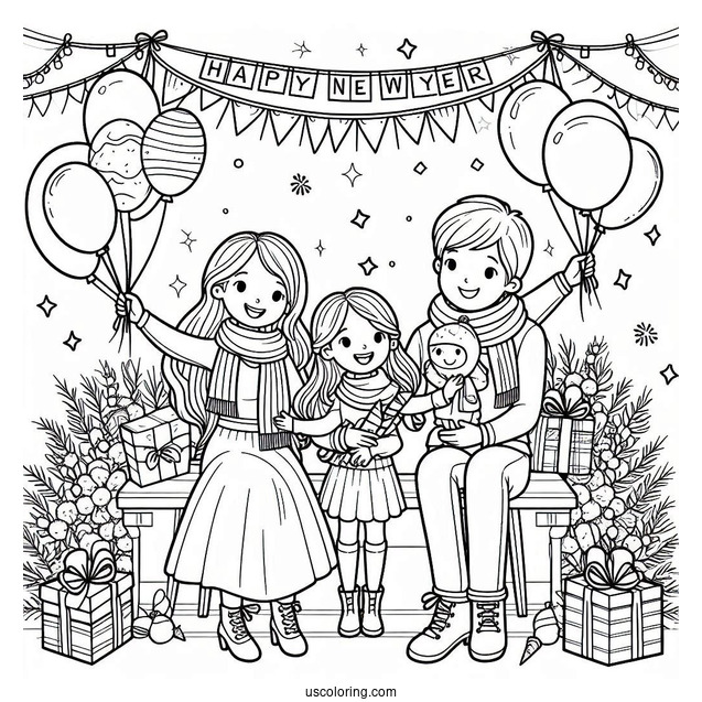 Family Celebrating The New Year Coloring Page With Banners And Balloons For Kids