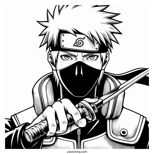 Detailed Hatake Kakashi Coloring Page Holding A Kunai