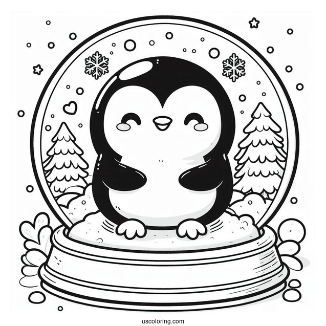 Kawaii Penguin Inside A Snow Globe Coloring Page For Preschoolers