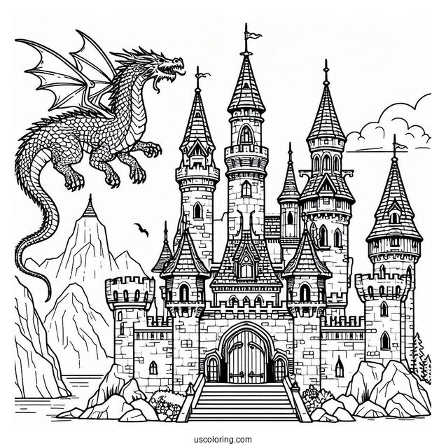 Middle Ages Castle Coloring Page With Dragon