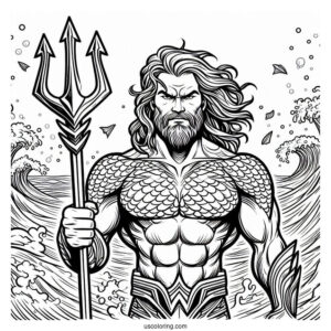 Aquaman Coloring Page Angry Poseidon Holding His Trident Above The Sea
