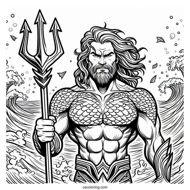 Aquaman Coloring Page Angry Poseidon Holding His Trident Above The Sea