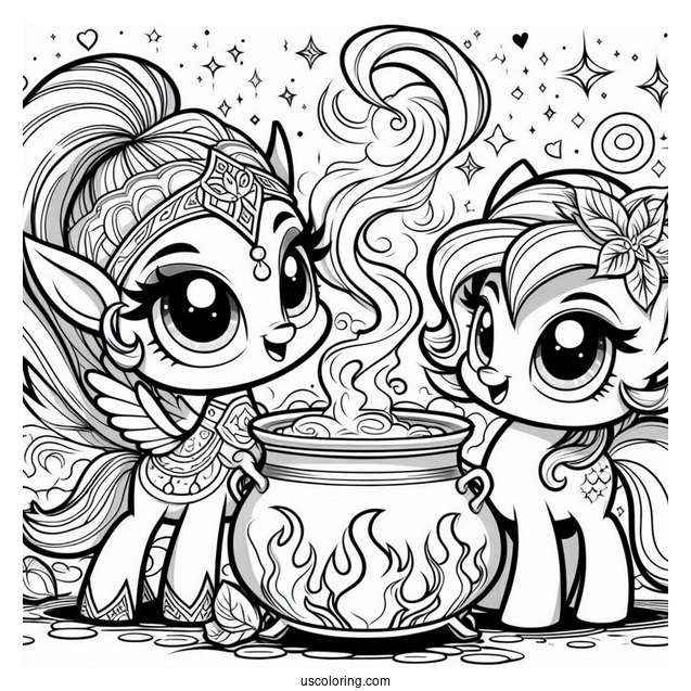 Shimmer And Shine Coloring Page With Smoking Cauldron At The Back With Zeta And Nazboo