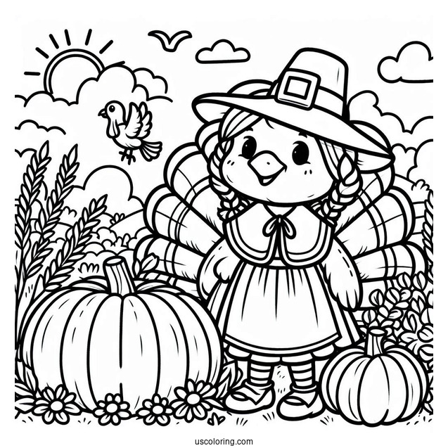 Pilgrim Coloring Page Cute Turkey With Pumpkins On The Grass For Kids