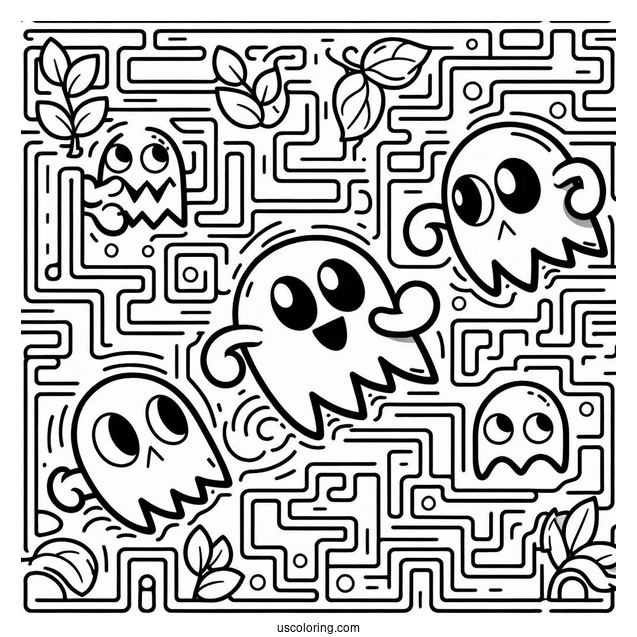 Inky, Blinky, Pinky, And Clyde Ghosts Chasing Pac-Man Coloring Page In Maze