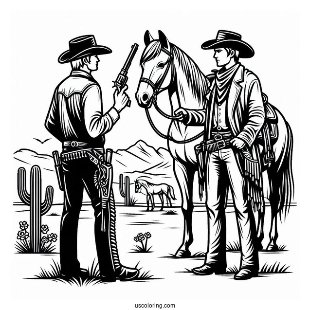 Cowboy Coloring Page With Guns Standing In Front Of Horse