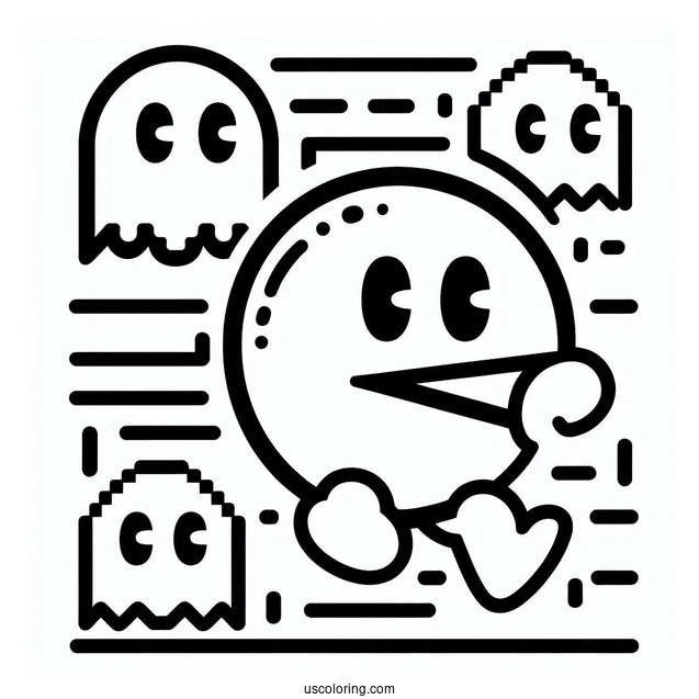 Iconic Pac-Man Coloring Page And Ghosts Outline For Preschoolers