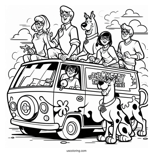 Scooby Gang With The Mystery Machine Coloring Page