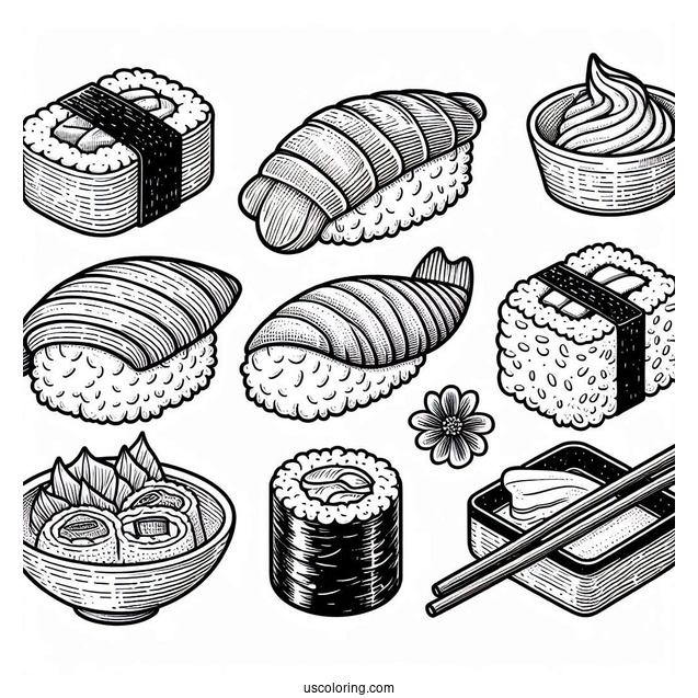 Full Page Temari, Nigiri, Maki, Gunkan Maki, And Inari Sushi Coloring Pages