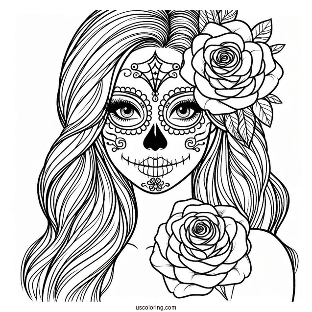 Woman With Sugar Skulls Coloring Page Face Paint And Rose Tucked Behind Her Ear
