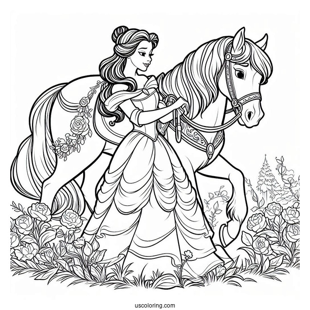 Coloring Sheet Of Belle With Her Horse Phillipe