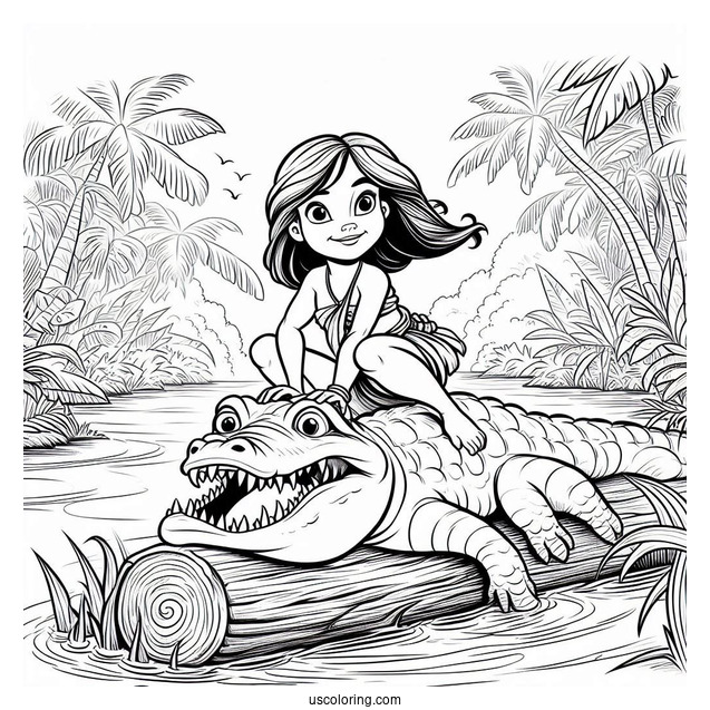 Tarzan Coloring Page And Jane Riding Crocodile In Jungle