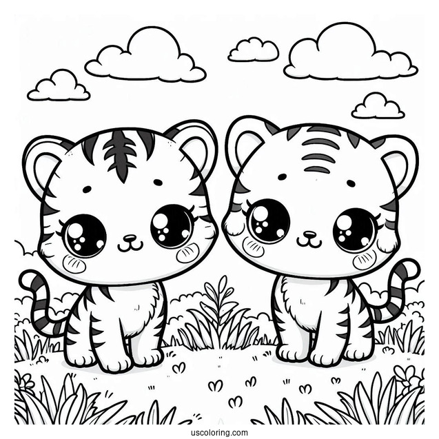 Two Cute Kawaii Tigers Standing On Grass