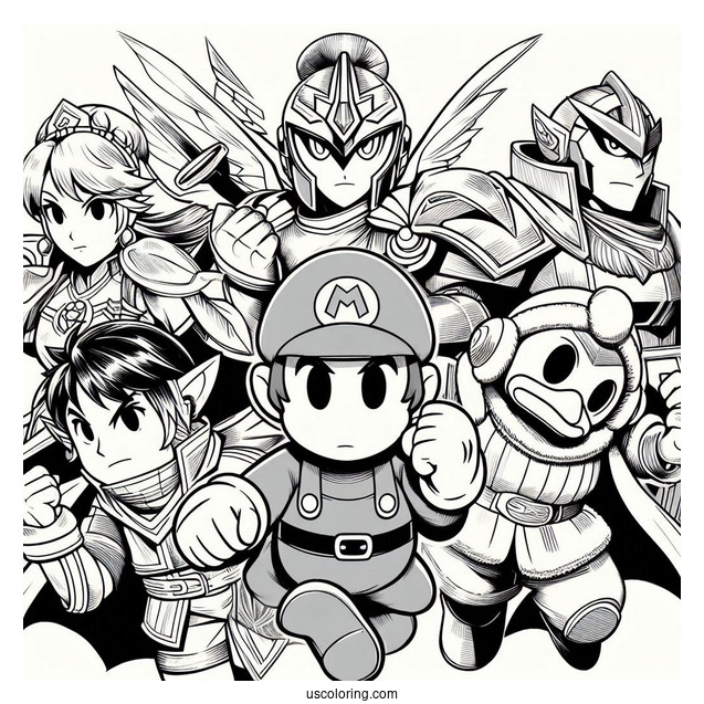 Super Smash Bros Coloring Page Of Captain Falcon, Lucina, Villager, Richter, King Dedede