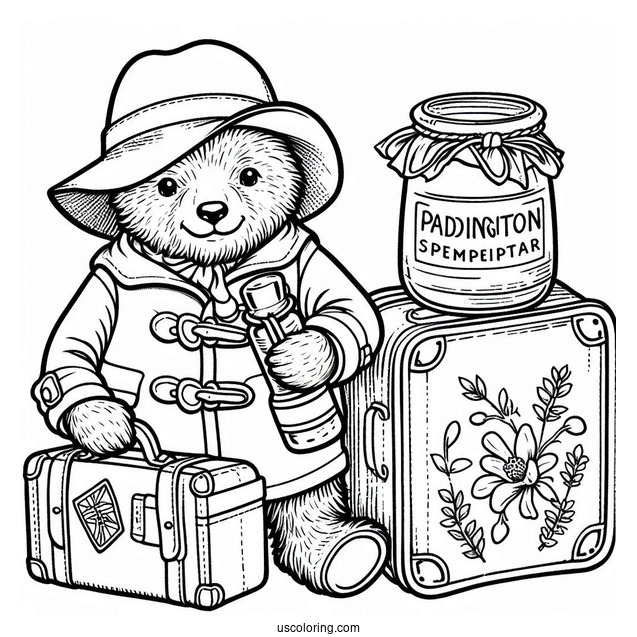 Easy Paddington Coloring Page Outline With Suitcase And Jar For Preschoolers