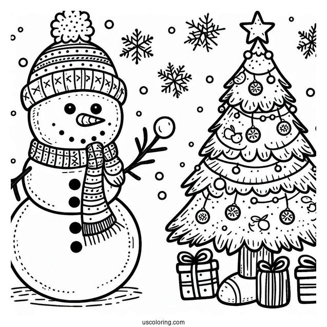 Snowman And Christmas Tree To Color