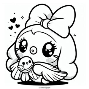 Kawaii My Melody Coloring Page Watching Bird