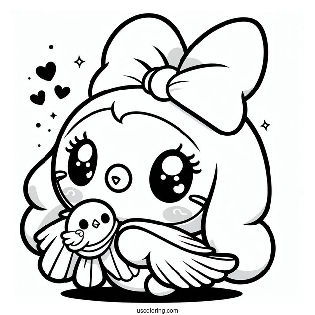 Kawaii My Melody Coloring Page Watching Bird