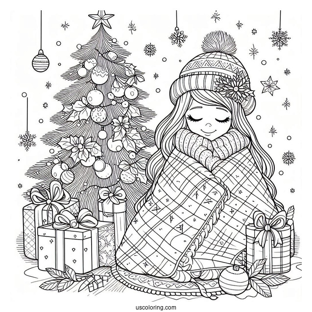 Christmas Coloring Pages For Adults Of Cartoon Woman Wrapped In Quilt In Front Of Christmas Tree