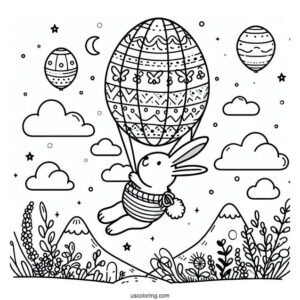 Easter Coloring Page Of Rabbit Flying In An Easter Egg Hot Air Balloon