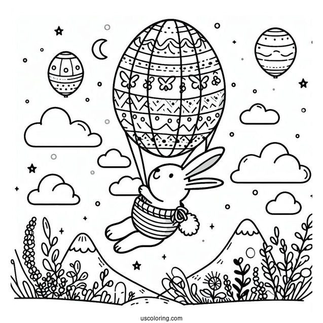 Easter Coloring Page Of Rabbit Flying In An Easter Egg Hot Air Balloon