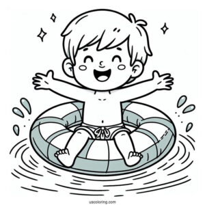 Swimming Coloring Page Of Happy Little Boy Wearing Pool Float For Kids