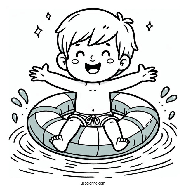 Swimming Coloring Page Of Happy Little Boy Wearing Pool Float For Kids