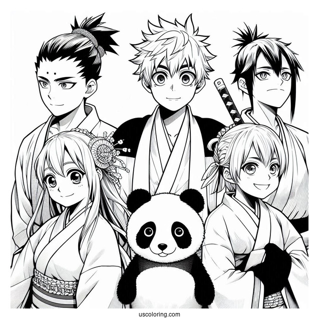 Manga Coloring Page Of Jujutsu Kaisen With Yuji, Nobara, Megumi, Gojo, Sukuna, Panda, Inumaki, And Maki