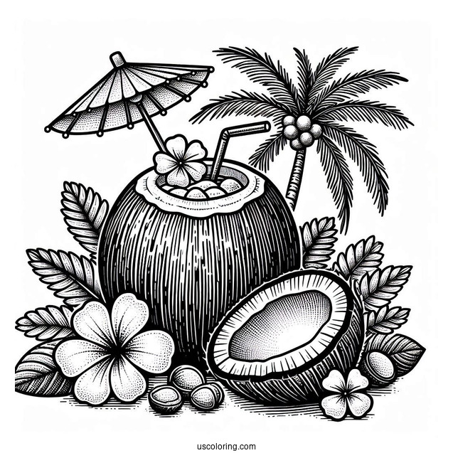 Coconut Coloring Page Piña Colada With Flower And Mini Umbrella