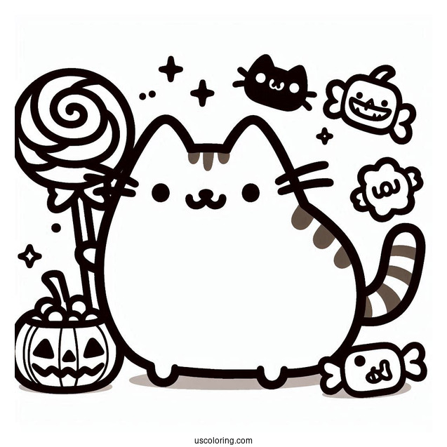 Pusheen With Halloween Candy Coloring Sheet