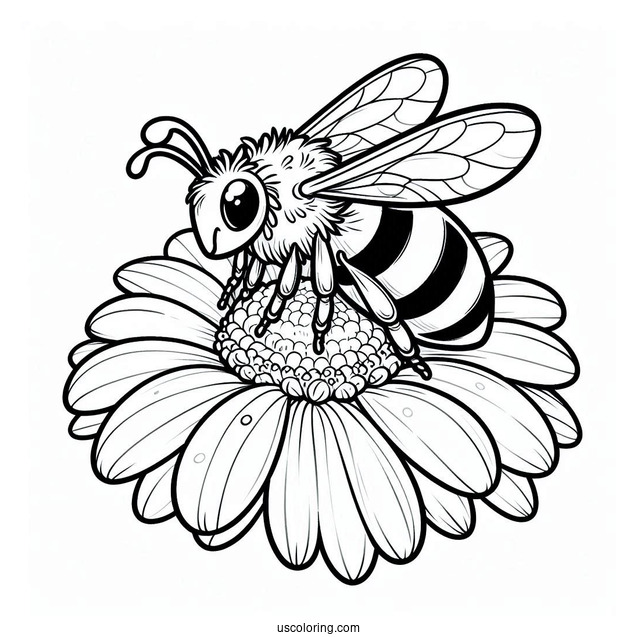 Large Bee Coloring Page On Top Of A Daisy