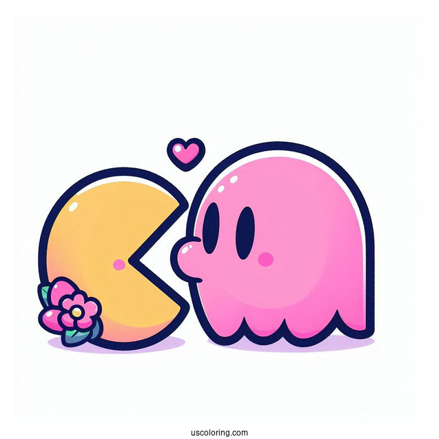 Pinky Ghost Kissing Pac-Man Coloring Page On The Cheek